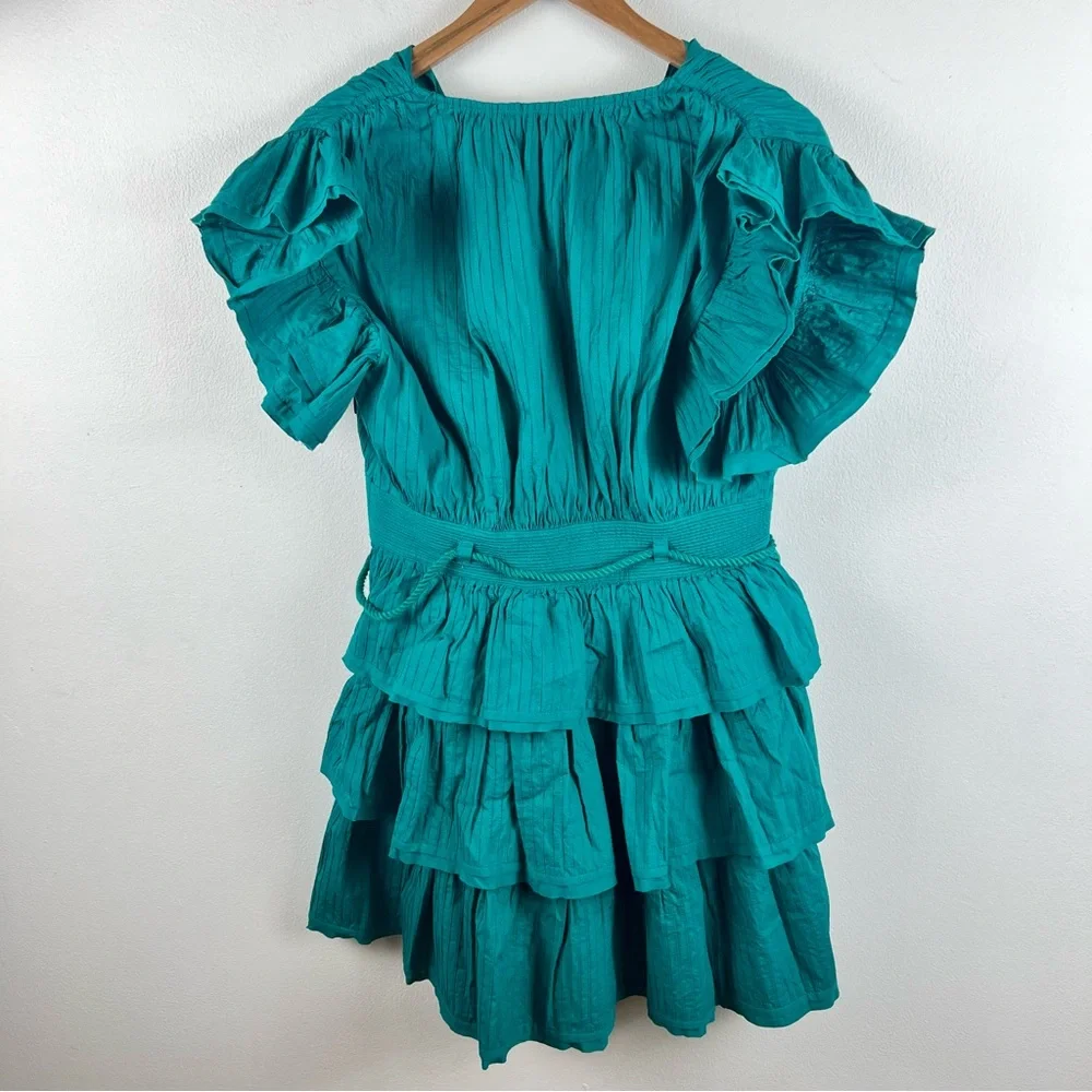NEW ULLA JOHNSON Camilla Tiered Mini Dress in Verdigris - Picture 6 of 10